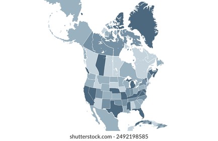 North America map with individual colors,isolated on white background for website layouts,background,education, precise,customizable,Travel worldwide,map silhouette backdrop,earth geography.