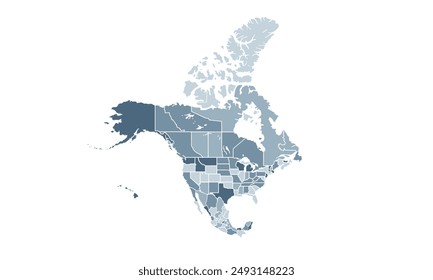 North America map with individual colors,isolated on white background for website layouts,background,education, precise,customizable,Travel worldwide,map silhouette backdrop,earth geography.