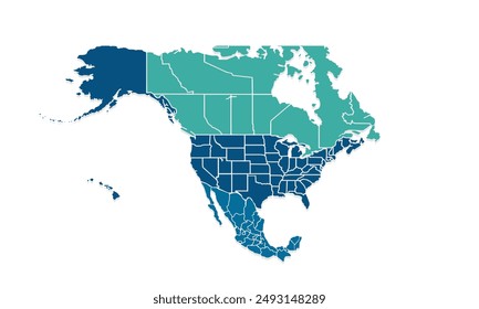 North America map with individual colors,isolated on white background for website layouts,background,education, precise,customizable,Travel worldwide,map silhouette backdrop,earth geography.