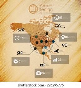 North america map, infographic design illustration, wooden background vector.