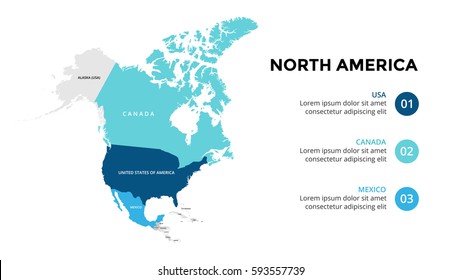 North America map infographic. Slide presentation. Global business marketing concept. Color country. World transportation data. Economic statistic template.