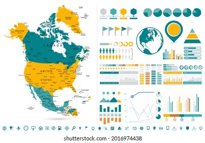 North America Map and Infographics design elements - Business template in flat style for presentation, booklet, website and other creative projects. 