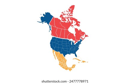 North America map isolated modern colorful style. for website layouts, background, education, precise, customizable, Travel worldwide, map silhouette backdrop, earth geography, political, reports.