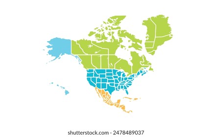 North America map isolated modern colorful style. for website layouts, background, education, precise, customizable, Travel worldwide, map silhouette backdrop, earth geography, political, reports.