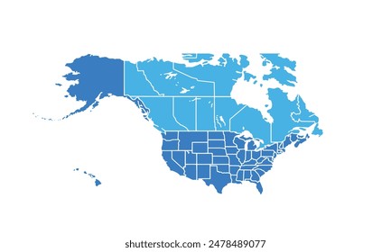 North America map isolated modern colorful style. for website layouts, background, education, precise, customizable, Travel worldwide, map silhouette backdrop, earth geography, political, reports.