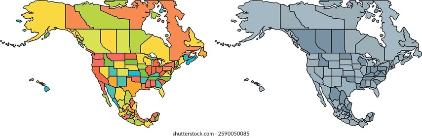 North America map isolated modern colorful style. for website layouts, background, education, precise, customizable, earth geography, political, reports.