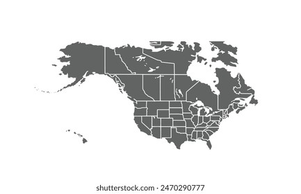 North America map isolated on white background. for website layouts, reports, annual infographics, world, similar world map icons. travel around the world, map silhouette backdrop.