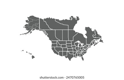 North America map isolated on white background. for website layouts, reports, annual infographics, world, similar world map icons. travel around the world, map silhouette backdrop.