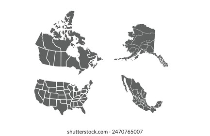 North America map isolated on white background. for website layouts, reports, annual infographics, USA, Canada and Mexico map icons. travel around the world, map silhouette backdrop.