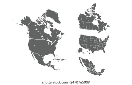 North America map isolated on white background. for website layouts, reports, annual infographics, USA, Canada and Mexico map icons. travel around the world, map silhouette backdrop.