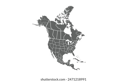 North america map isolated on white background. for website layouts, reports, annual infographics, world,travel around the world, map silhouette backdrop.