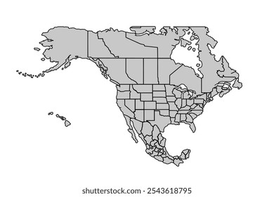 North America map isolated on white background.for website layouts,background,education, precise,customizable,Travel worldwide,map silhouette backdrop,earth geography, political,reports.Blank map.