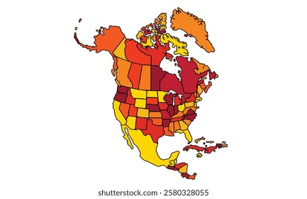 North America map, isolated on a white background, in red and summer tones.
