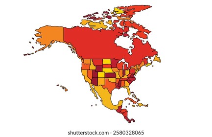 North America map, isolated on a white background, in red and summer tones.