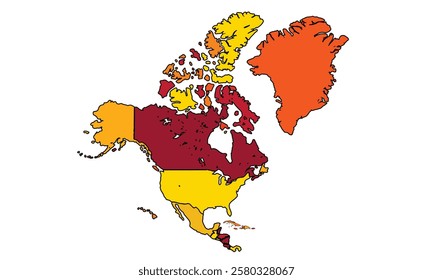 North America map, isolated on a white background, in red and summer tones.