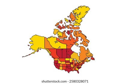 North America map, isolated on a white background, in red and summer tones.