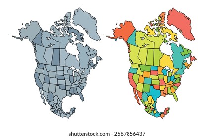 North America map isolated on white background.Color Separated by Country.