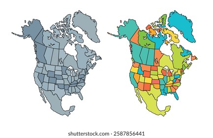 North America map isolated on white background.Color Separated by Country.