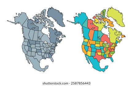 North America map isolated on white background.Color Separated by Country.