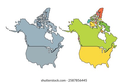 North America map isolated on white background.Color Separated by Country.