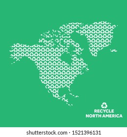 North America map made from recycling symbol. Environmental concept