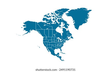 North America map Modern Color,isolated on white background for website layouts,background,education, precise,customizable,Travel worldwide,map silhouette backdrop,earth geography, political,reports.