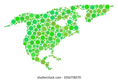 North America Map mosaic of dots in different sizes and ecological green color hues. Vector round dots are composed into north america map collage. Freshness vector illustration.