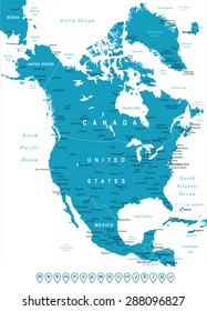 North America - map and navigation labels - illustration