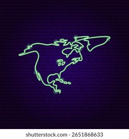 Mapa da América do Norte Neon Continent. Ilustração em Arte Brilhante Vetorial de Forma Geográfica. Geografia e Cartografia. Objeto De Lâmpada De Led.