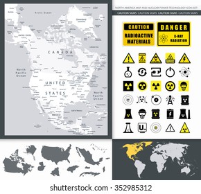 North America Map And Nuclear Power Technology Icon Set. All elements are separated in editable layers clearly labeled.