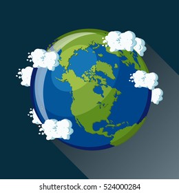 North America map on planet Earth, view from space. North America globe icon. Planet Earth globe map with blue ocean, green continents and clouds around. Cartoon style  flat vector illustration.