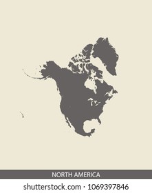 North America map outline vector illustration in gray background. Borders of all countries are included on this map.