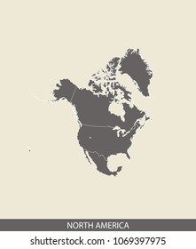 North America map outline vector illustration in gray background. Borders of all countries are included on this map.