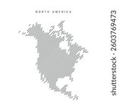 North America map from pattern of black slanted parallel lines. Flat vector illustration isolated on white