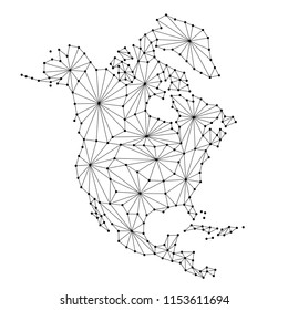 North America map of polygonal futuristic mosaic lines network, rays and dots vector illustration.