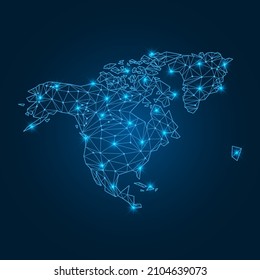 North America map with polygonal glowing shapes. World map linear continent with lighting dots. North America continent with triangular line elements. Vector isolated on blue gradient background. 