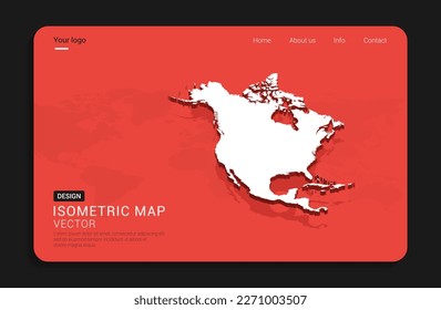 North America map red isolated on dark background with 3d world map isometric vector illustration.