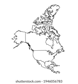 North America map with regions. USA, Canada, Mexico maps. Outline North America map on white background.