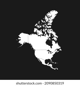 North America map with regions. USA, Canada, Mexico maps. Outline North America map isolated on black background.