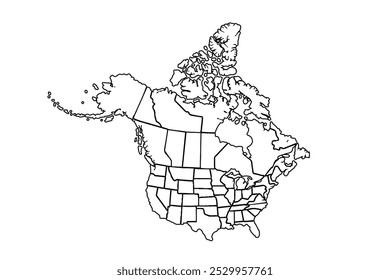 Mapa de América del Norte con regiones. Estados Unidos, Canadá, México mapa. Esquema del mapa de América del Norte sobre fondo blanco. Ilustración vectorial de arte de línea, mapa de dibujo de línea.