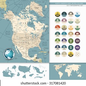 North America map. Retro Colors. D.I.Y.infographic set.All elements are separated in editable layers clearly labeled. All layers are subscribed.