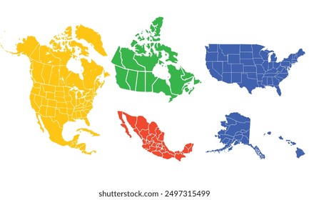 North America map templates. USA,Canada and Mexico mapwith individual colors for website layouts,background, education, precise, customizable, Travel worldwide,map silhouette backdrop,earth geography.