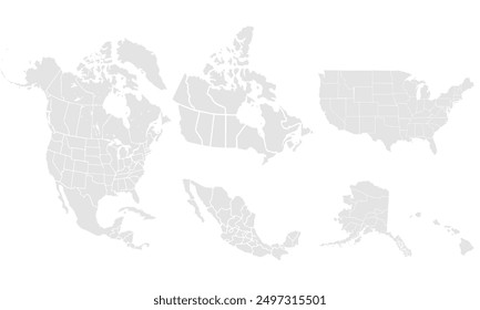 North America map templates. USA,Canada and Mexico map Grayscale,isolated on white background for website layouts,background,education, precise,customizable,Travel worldwide,map silhouette backdrop.