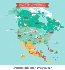 North America Map. Tourist and travel landmarks, vector illustration.