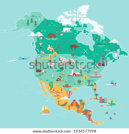 North America Map. Tourist and travel landmarks, vector illustration.
