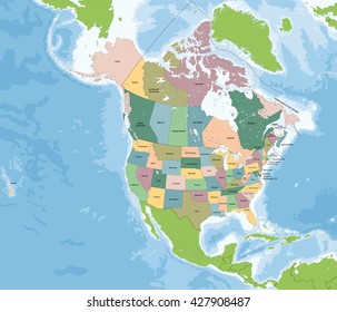 North America map with USA and Canada