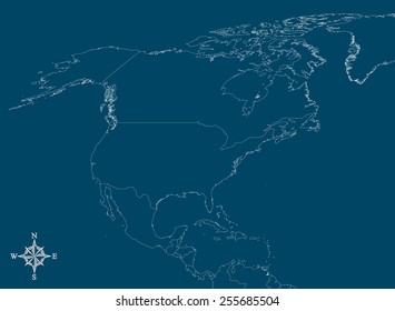 North America Map - Vector Map of North America with north arrow