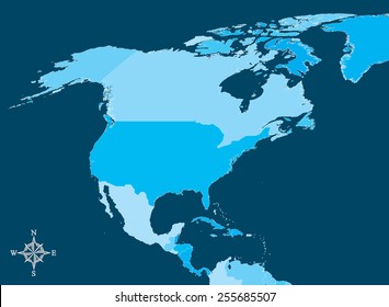 North America Map - Vector Map of North America with north arrow