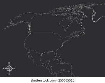 North America Map - Vector Map of North America with north arrow