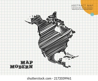 North America map of vector black silhouette chaotic hand drawn scribble sketch on grid paper used for notes or decoration.